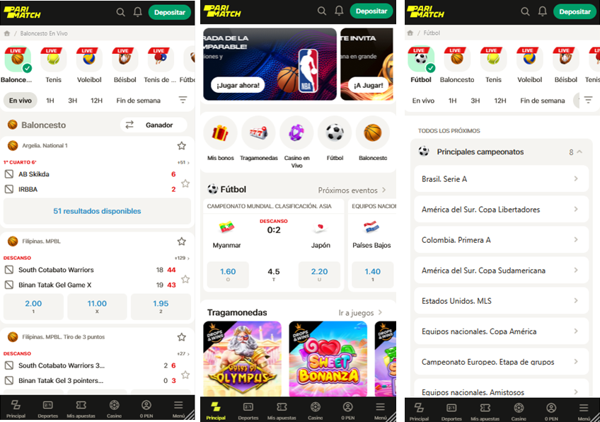 Imagen que muestra tres screenshots de parimatch app ios