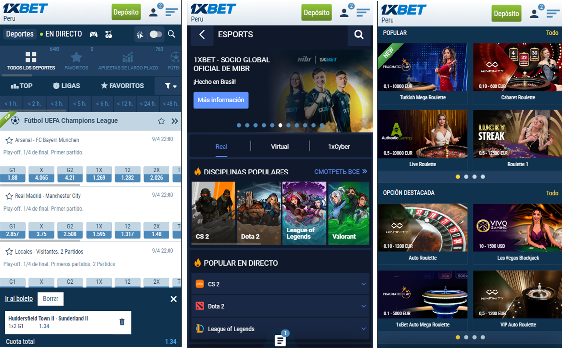 Tres screenshots de 1xBet Perú  app para android