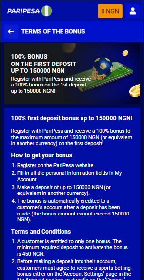 Paripesa First Deposit bonus mobile app page image