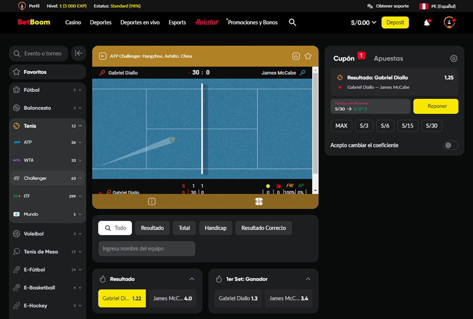 Mercados de apuestas en directo para un partido de tenis