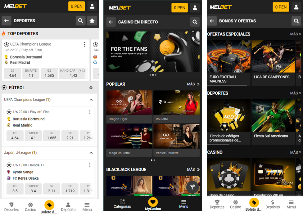 Imagen que muestra tres screenshots de Melbet Perú app ios