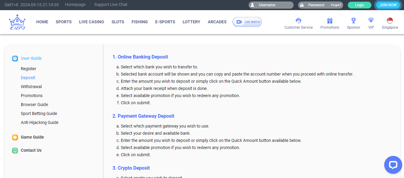 OB9 Deposit Methods