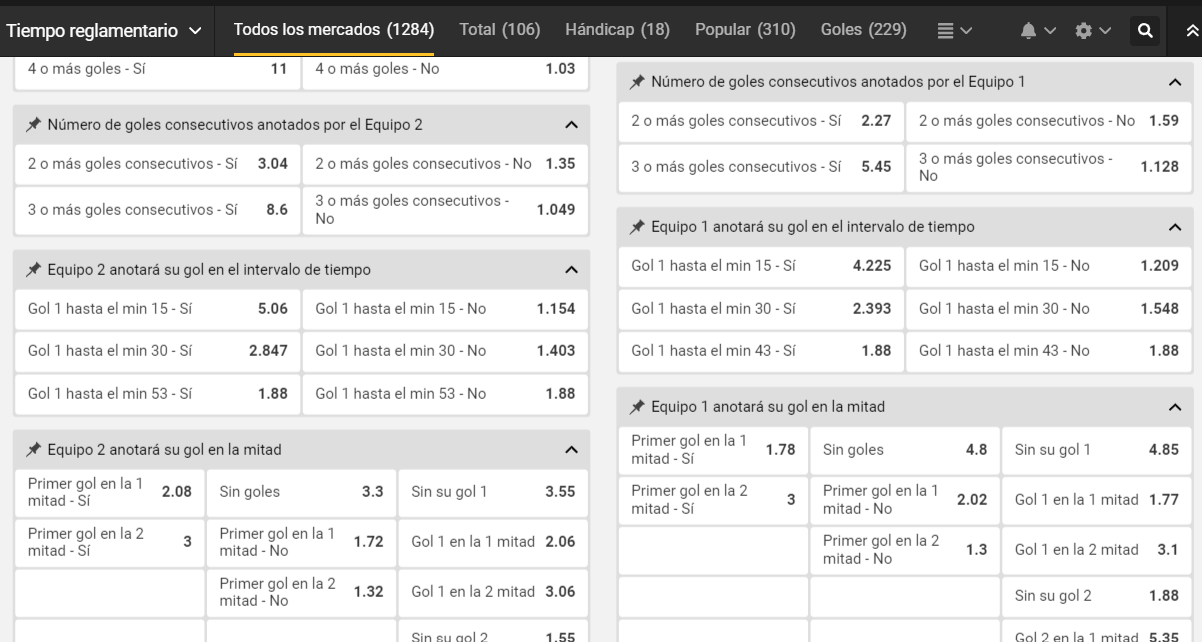 Menú de deportes con los mercados disponibles de Melbet Perú