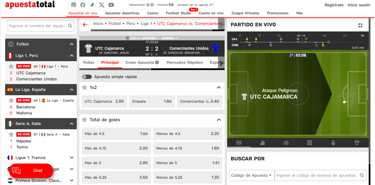 Apuesta total Perú sección de apuestas en vivo y estadística.