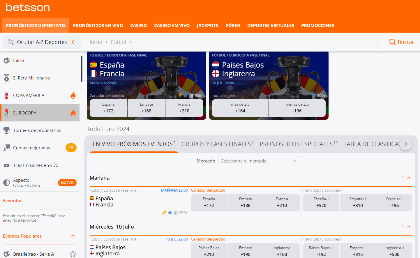 Imagen del sitio oficial de Betsson casa de apuestas Perú seccion deportes