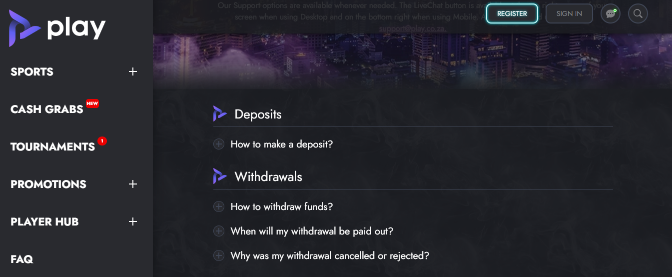 deposit and withdrawal Play.co.za