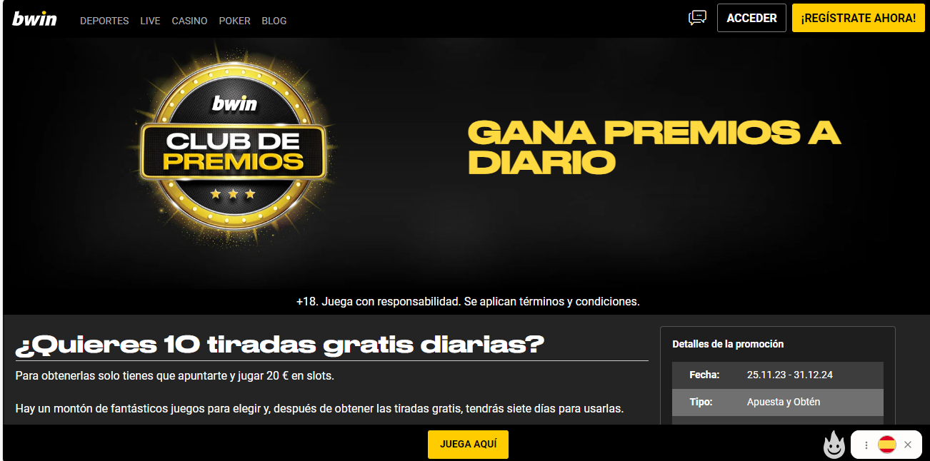 Sección de promociones dentro de Bwin España casa de apuestas