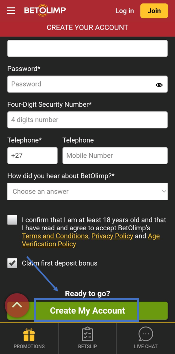 BetOlimp Mobile Sign Up