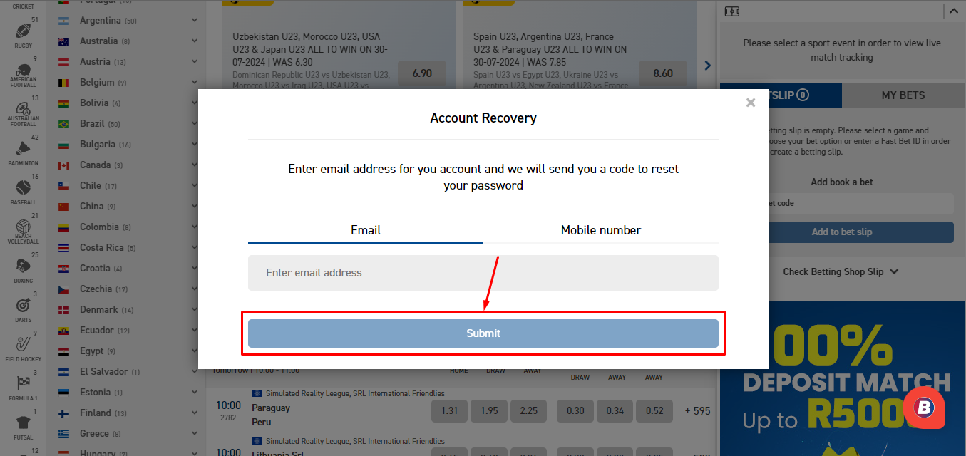 Image of Betfred South Africa Account Recovery Form Page